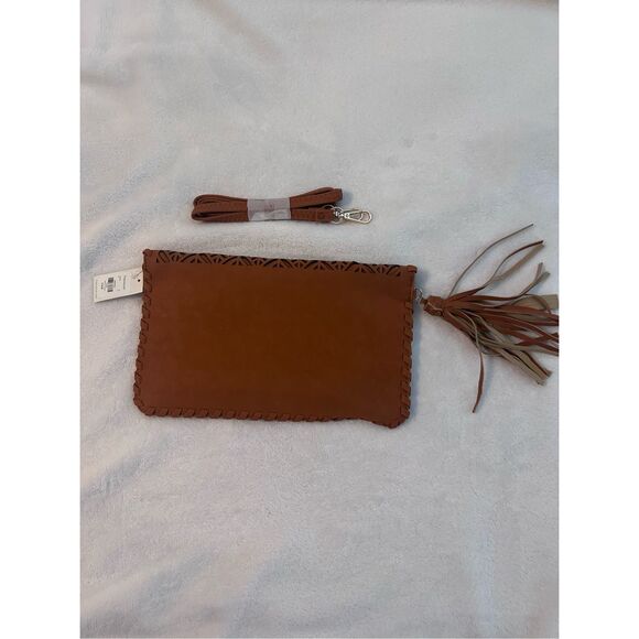 Francesca's Tan Suede Leather Whip Stitch Envelope Crossbody Clutch Bag NWT - Picture 2 of 5